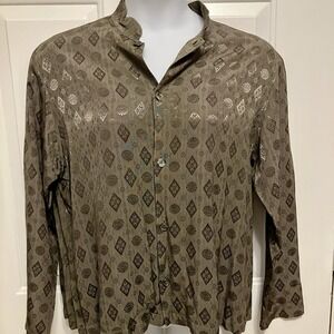 CP Shades Sz Large Olive Green Jacquard Shirt Top Button Up Boxy Rayon Women'